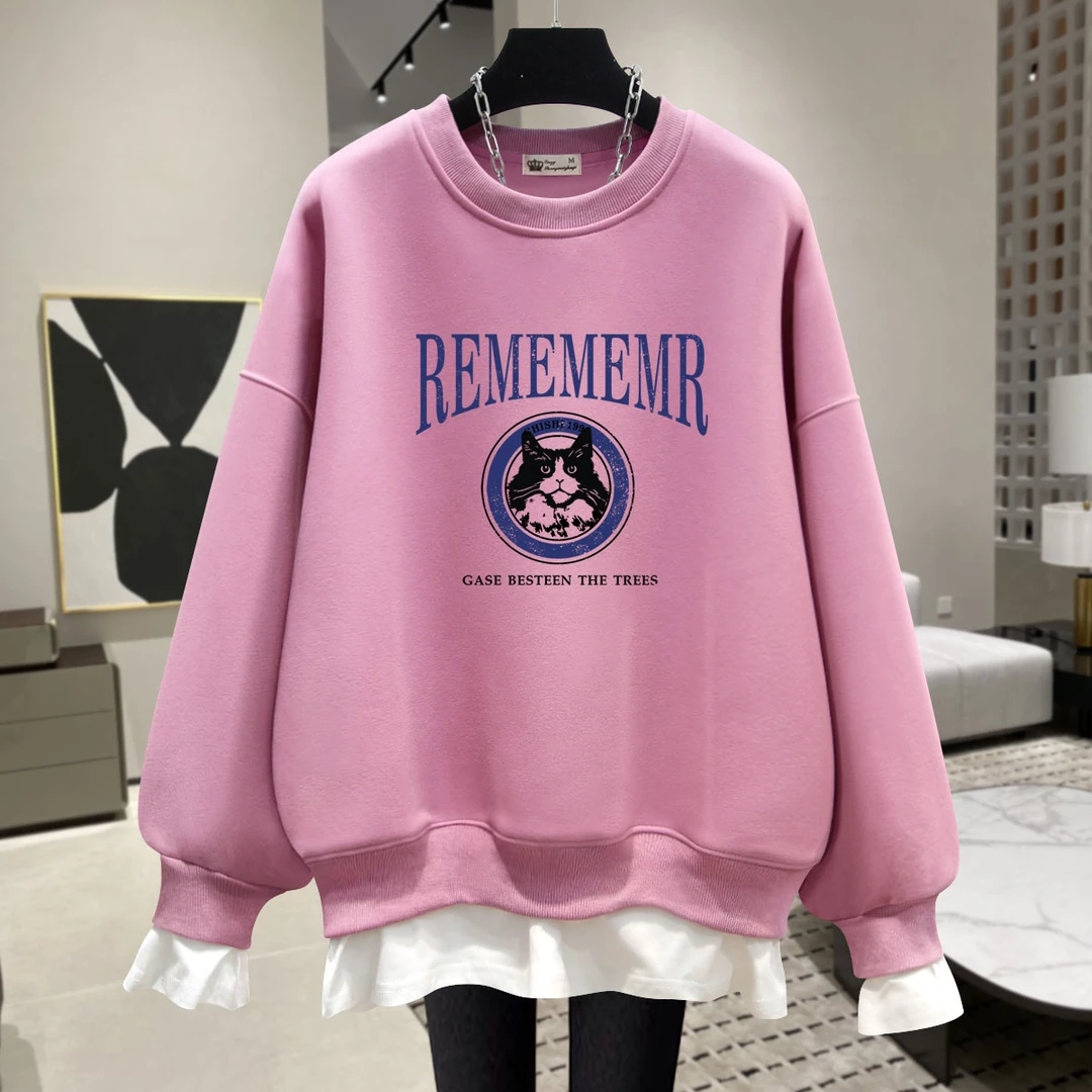 萌趣猫咪粉色假两件卫衣女加绒加厚2025新款爆款大版宽松圆领上衣