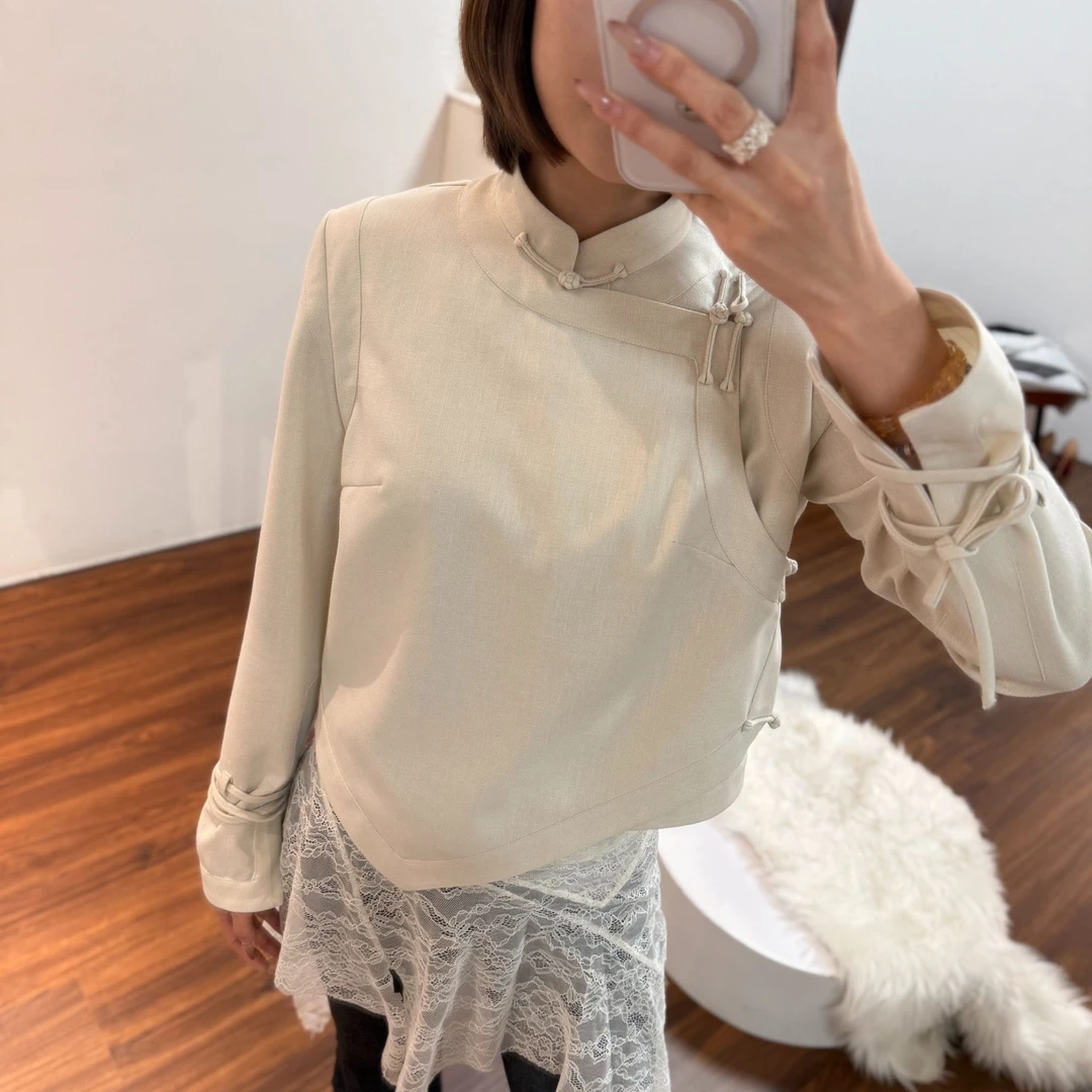 轻民族老钱风亚麻盘扣套装长袖
