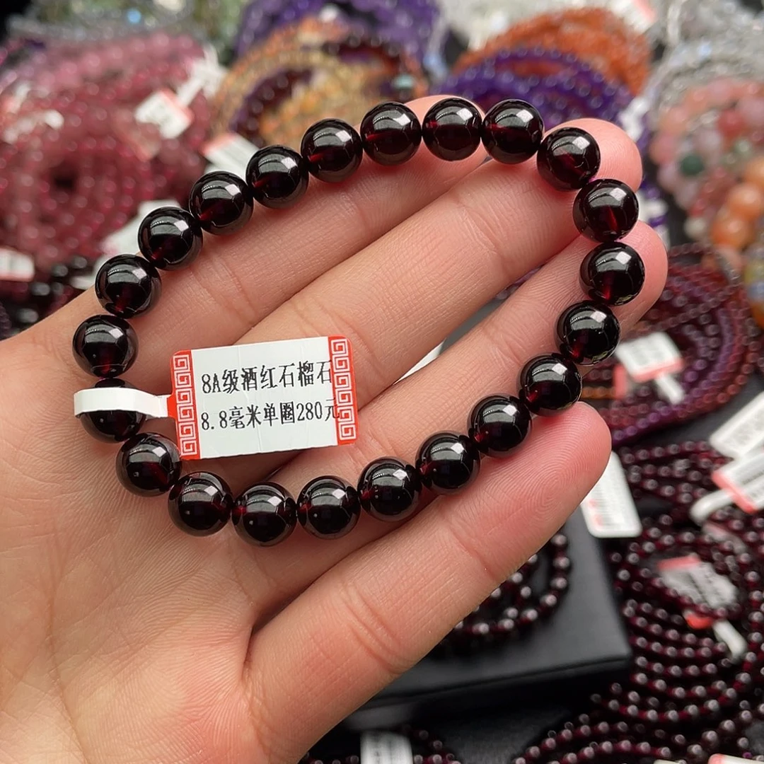 石榴石手链未镶嵌王*饱8.8毫米单圈酒红石榴石