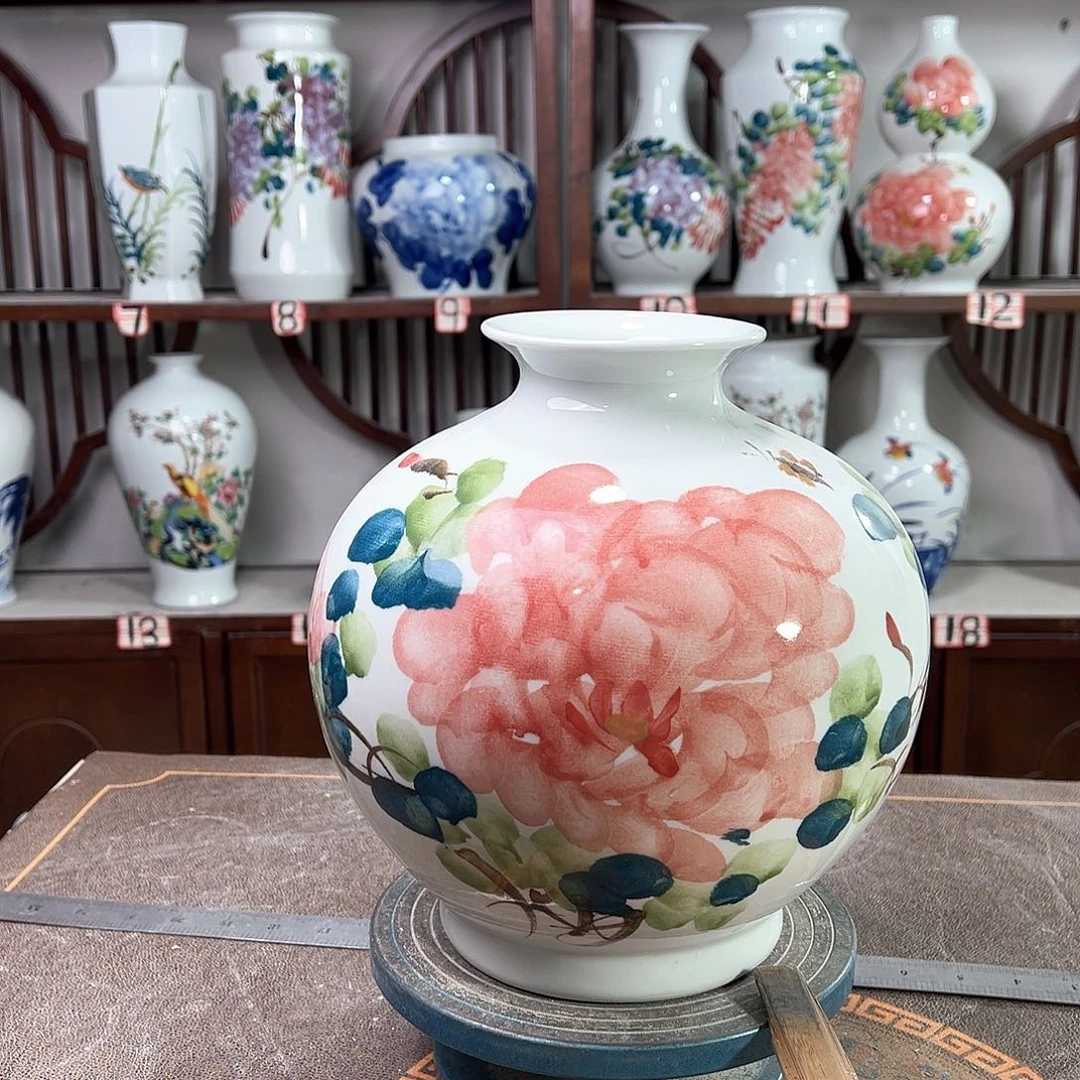 摆件景德镇陶瓷石红牡花