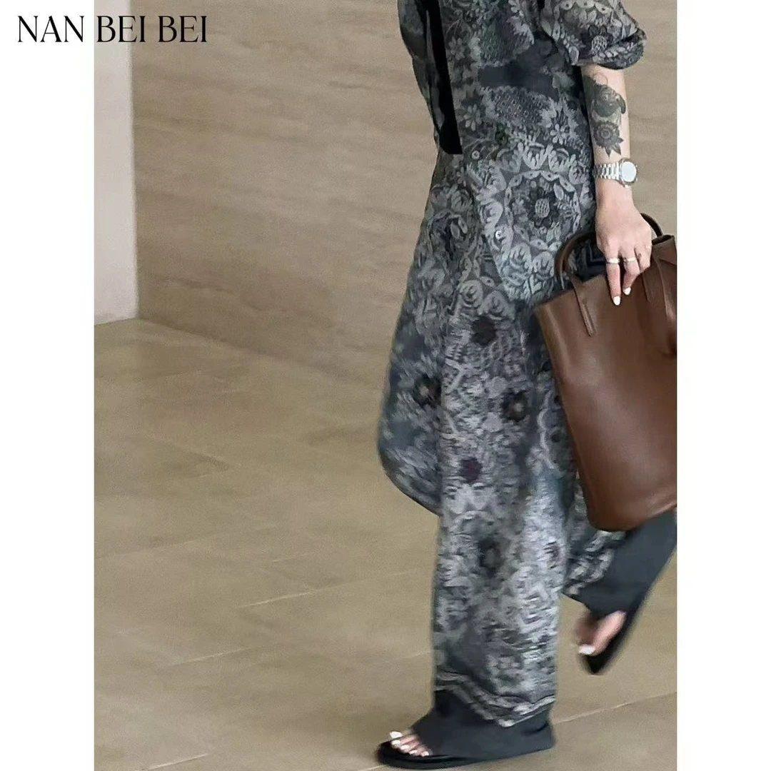NanBeiBei  小众设计款复古印花宽松直筒长裤 1687