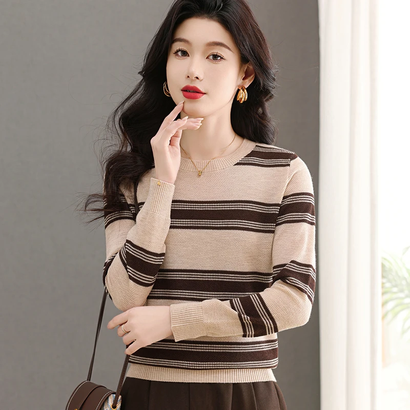 【绵羊毛】百搭条纹设计感2025春秋薄圆领小衫洋气套头长袖针织衫