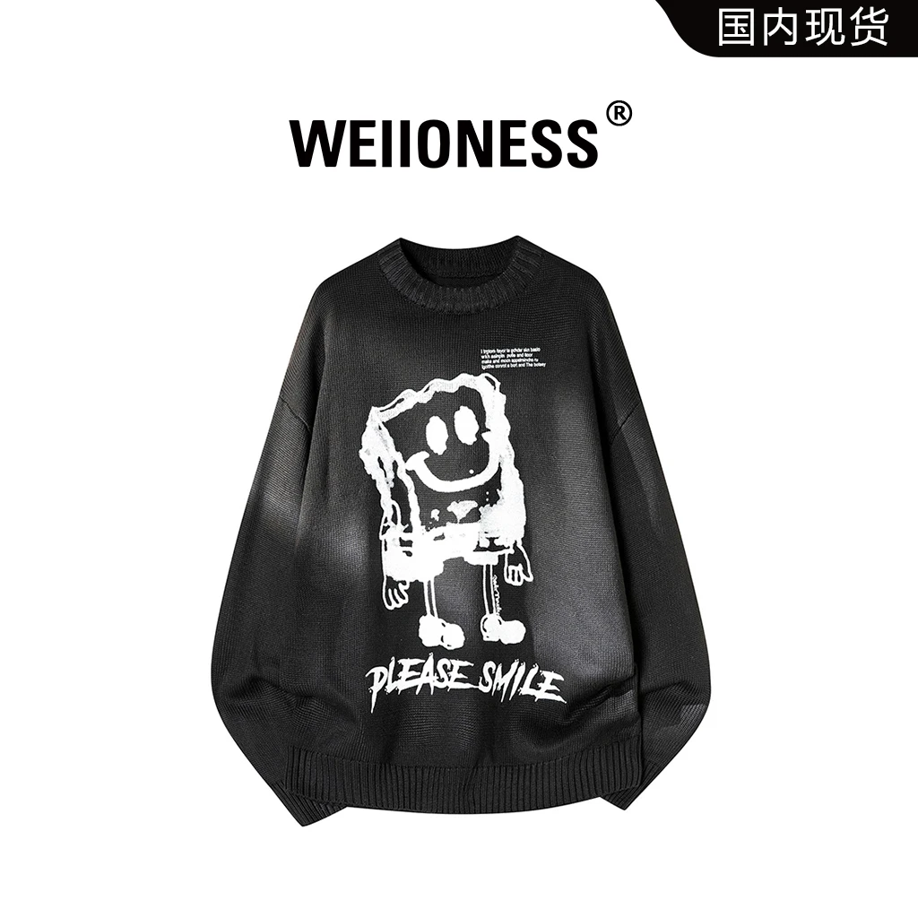 WEIIONESS日系潮牌针织衫毛衣男士秋冬季慵懒风海绵宝宝宽松上衣