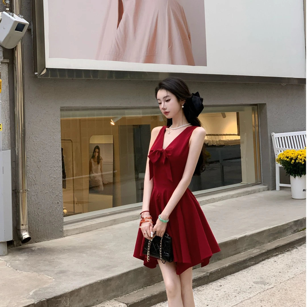 【雅乔定制】一笑倾城 红色蝴蝶结V领收腰短款连衣裙DYYK-25052420