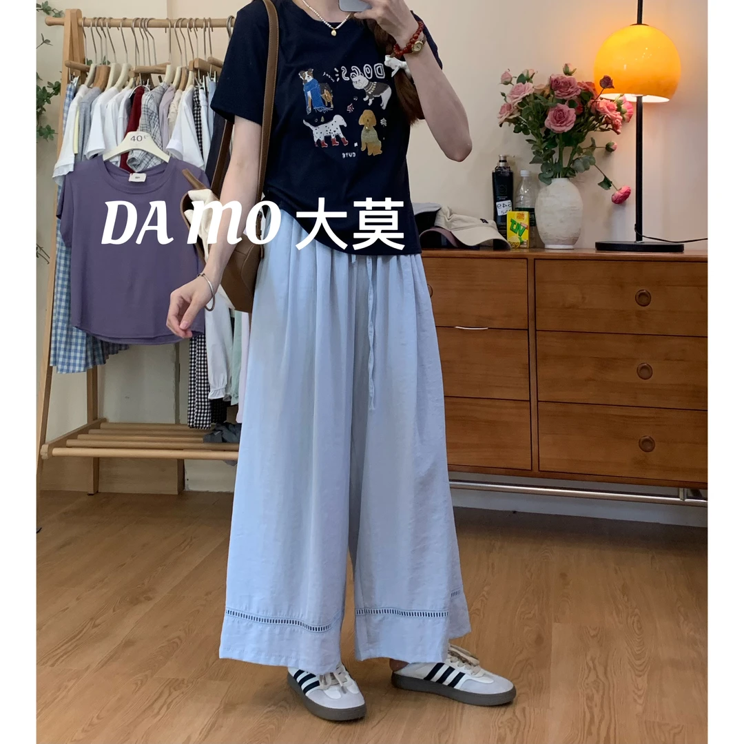 系松弛感冰天丝麻棉镂空阔腿裤女夏法式百搭慵懒度假风休闲裤441