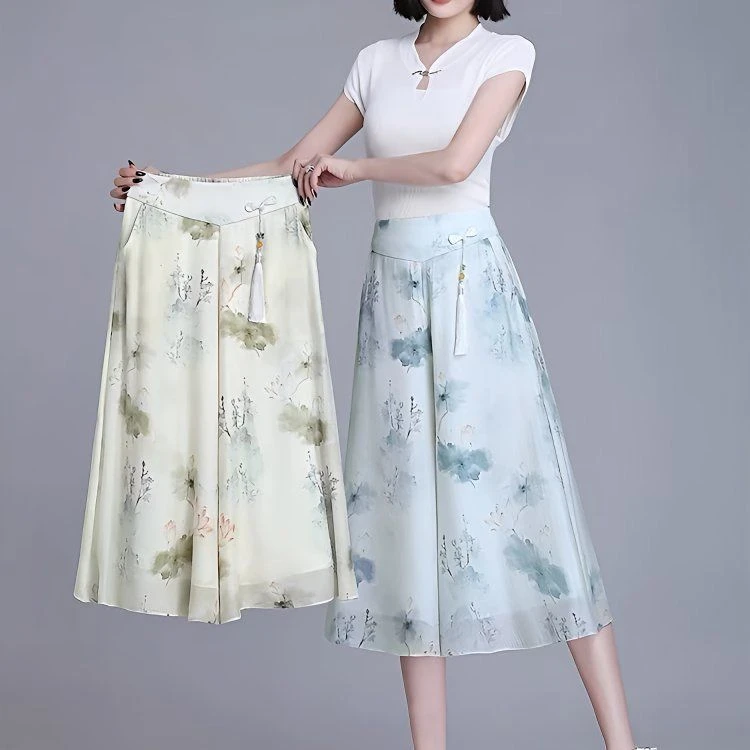 中国风阔腿七分裙裤夏季新款中老年优雅气质雪纺印花大摆裤新中式