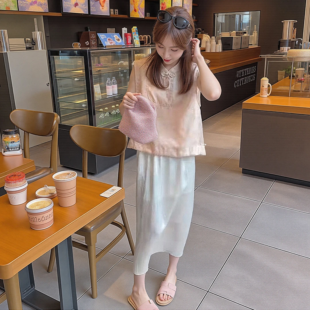 超火夏季穿搭一整套女2025新款粉色国风盘扣衬衫高腰半身裙两件套