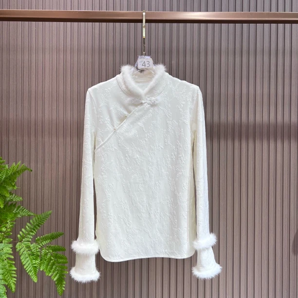 水貂领斜门襟2 新中式秋冬加绒基础气质加厚百搭保暖羊毛打底衫