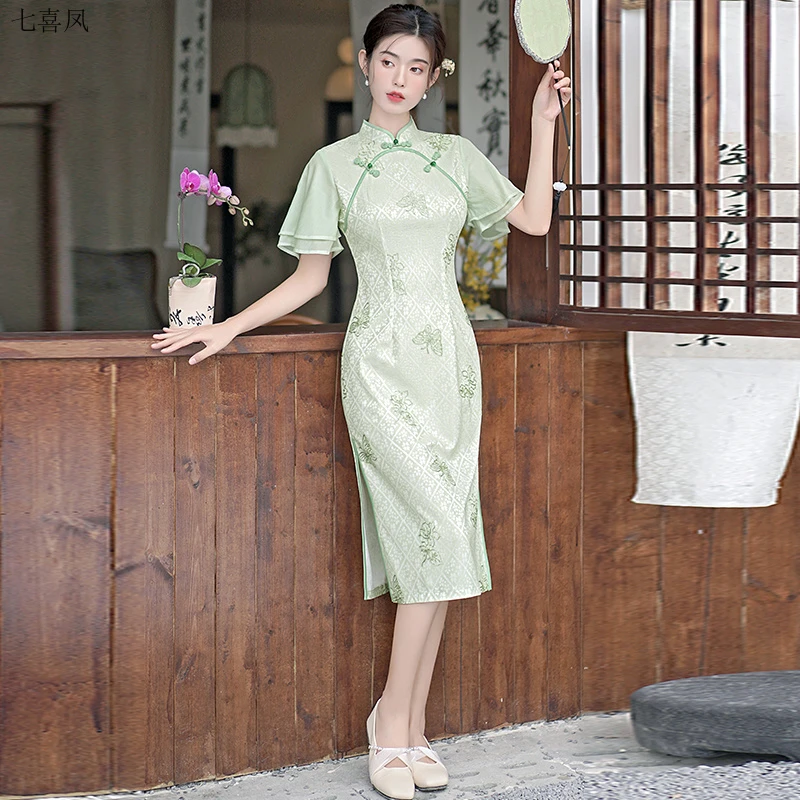 高端改良聚酯纤维小拖尾裙气质七喜凤新中式年轻风格