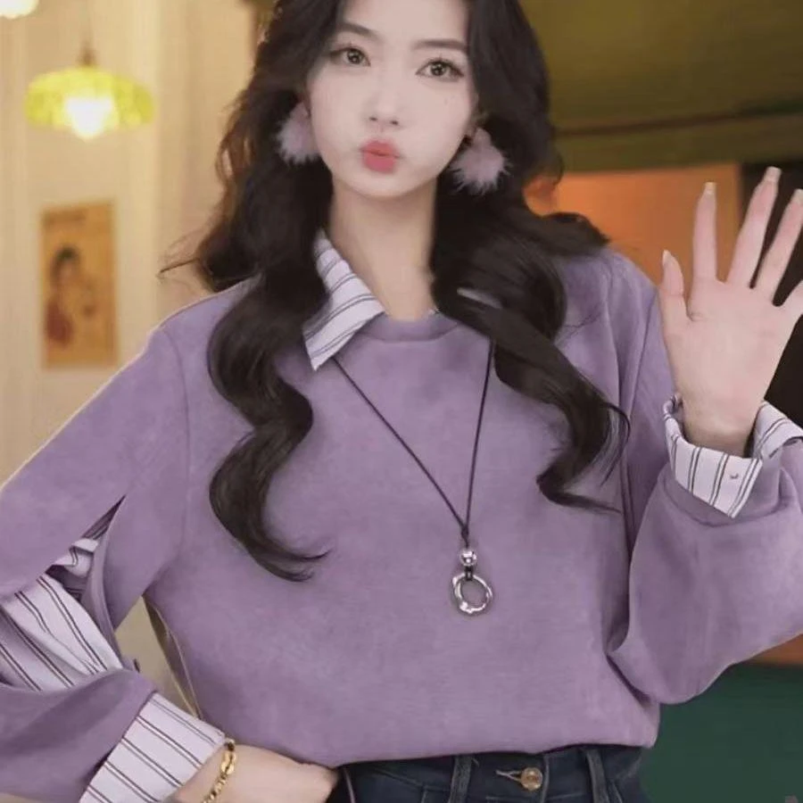 洋气条纹polo领假两件卫衣女2025春季新款慵懒风休闲拼接百搭上衣