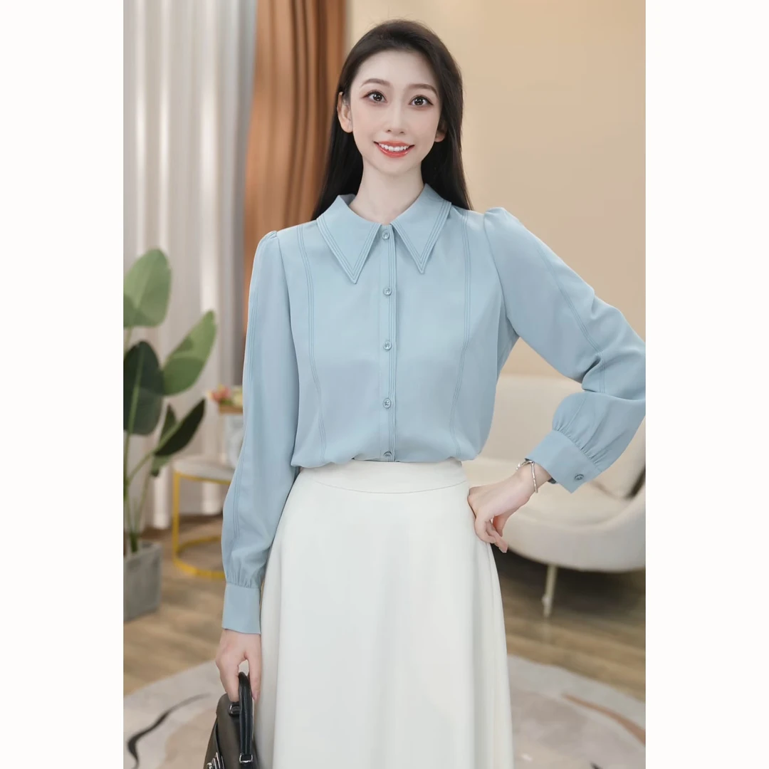 【曼贝】淡蓝色长袖衬衫女极简设计感通勤职业衬衣8393071【甜甜】