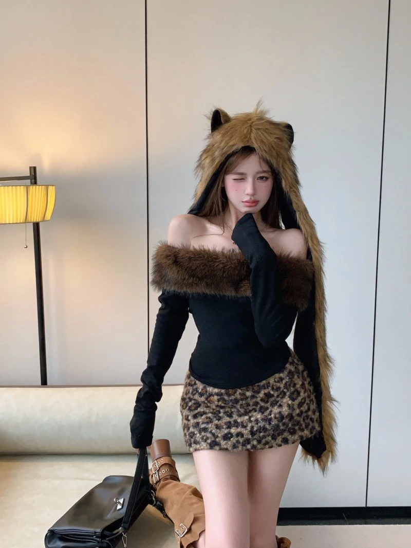 设计感小众毛毛显瘦一字肩长袖上衣女2025早秋毛绒感豹纹包臀裙潮