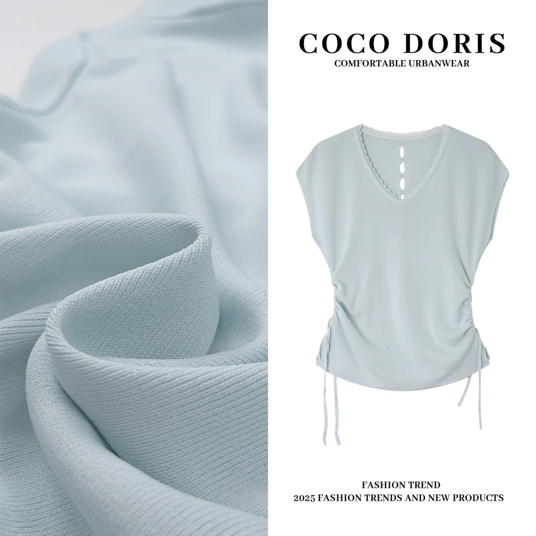 COCO DORIS 春夏新款设计感蕾丝边V领针织短袖通勤百搭上衣2820