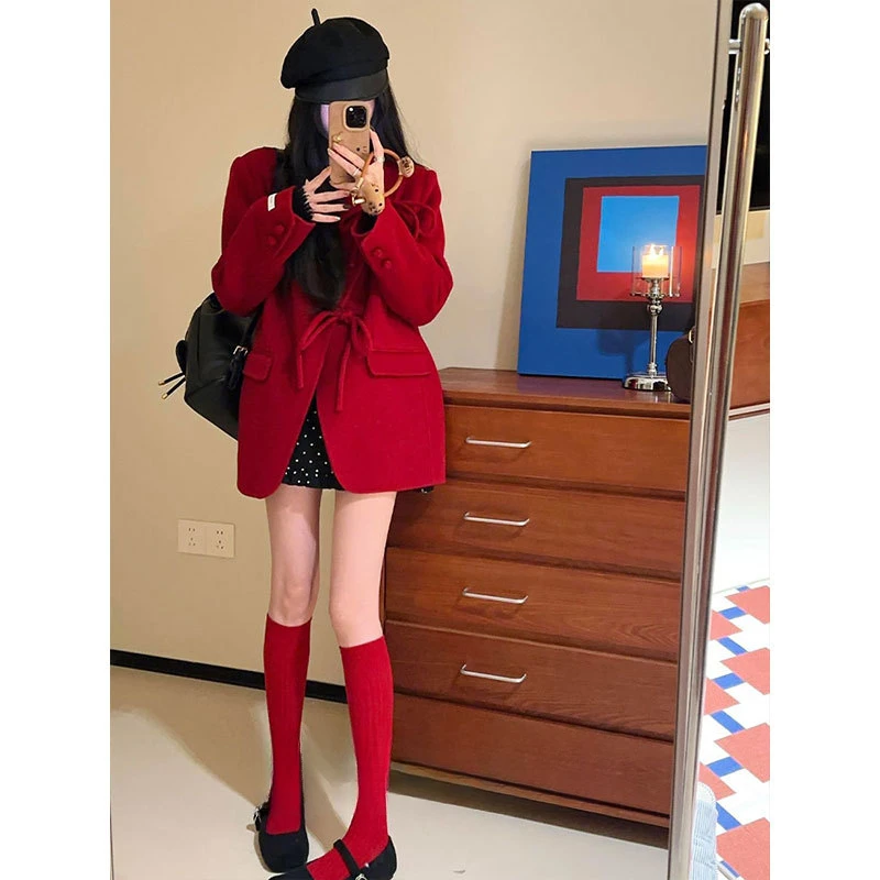 新年圣诞战袍红色呢子大衣小个子宽松复古气质女冬季西装毛呢外套