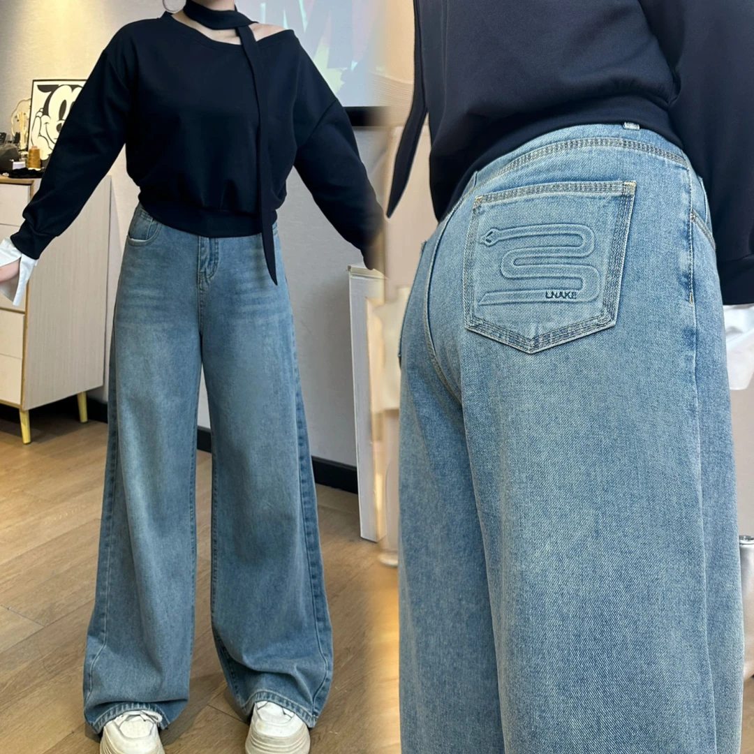 《莎莎定制》大码复古蓝直筒牛仔裤女2025春季新时尚高腰显瘦阔腿裤