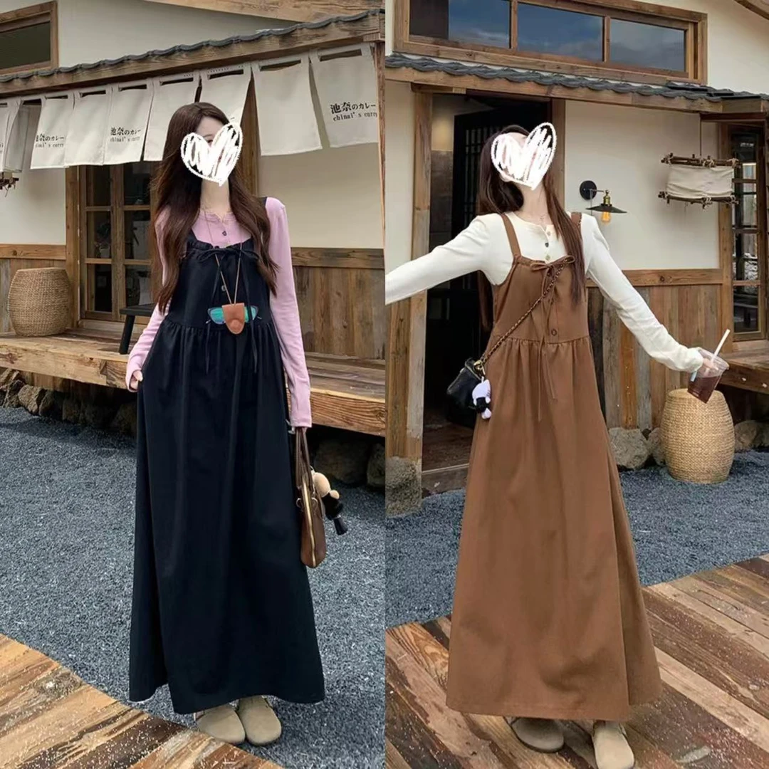 【陈鱼白】2025秋季新款大码女装法式复古吊带连衣裙长袖打底上衣