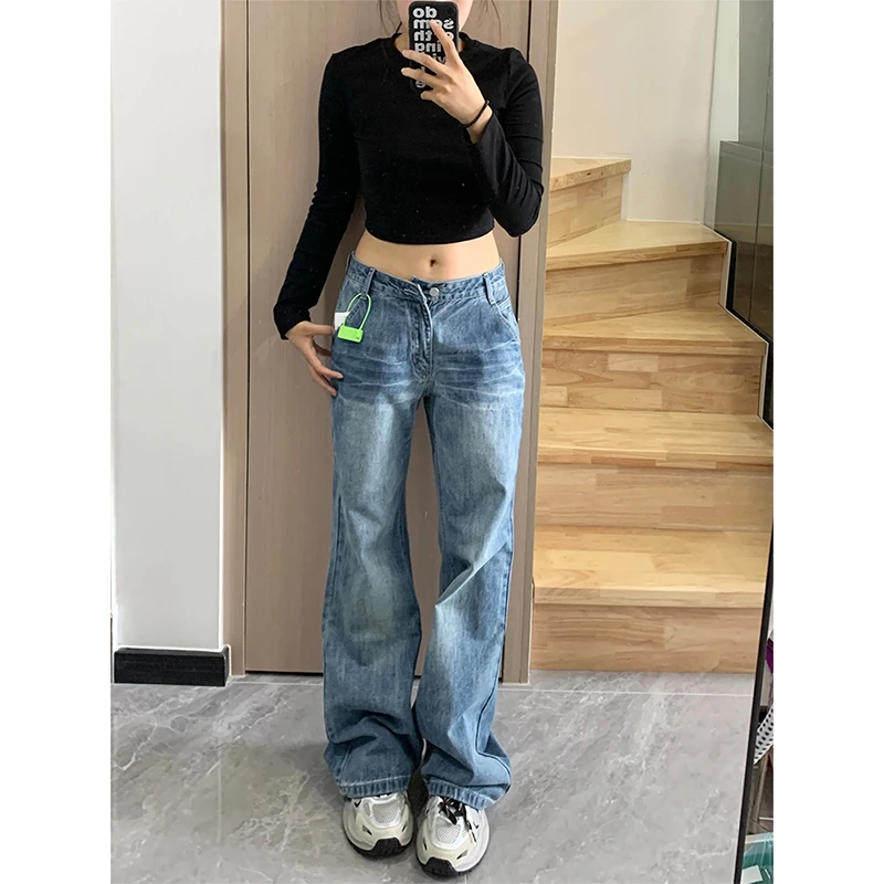 美式复古辣妹低腰微喇直筒牛仔裤女2025春季阔腿垂感百搭拖地裤子