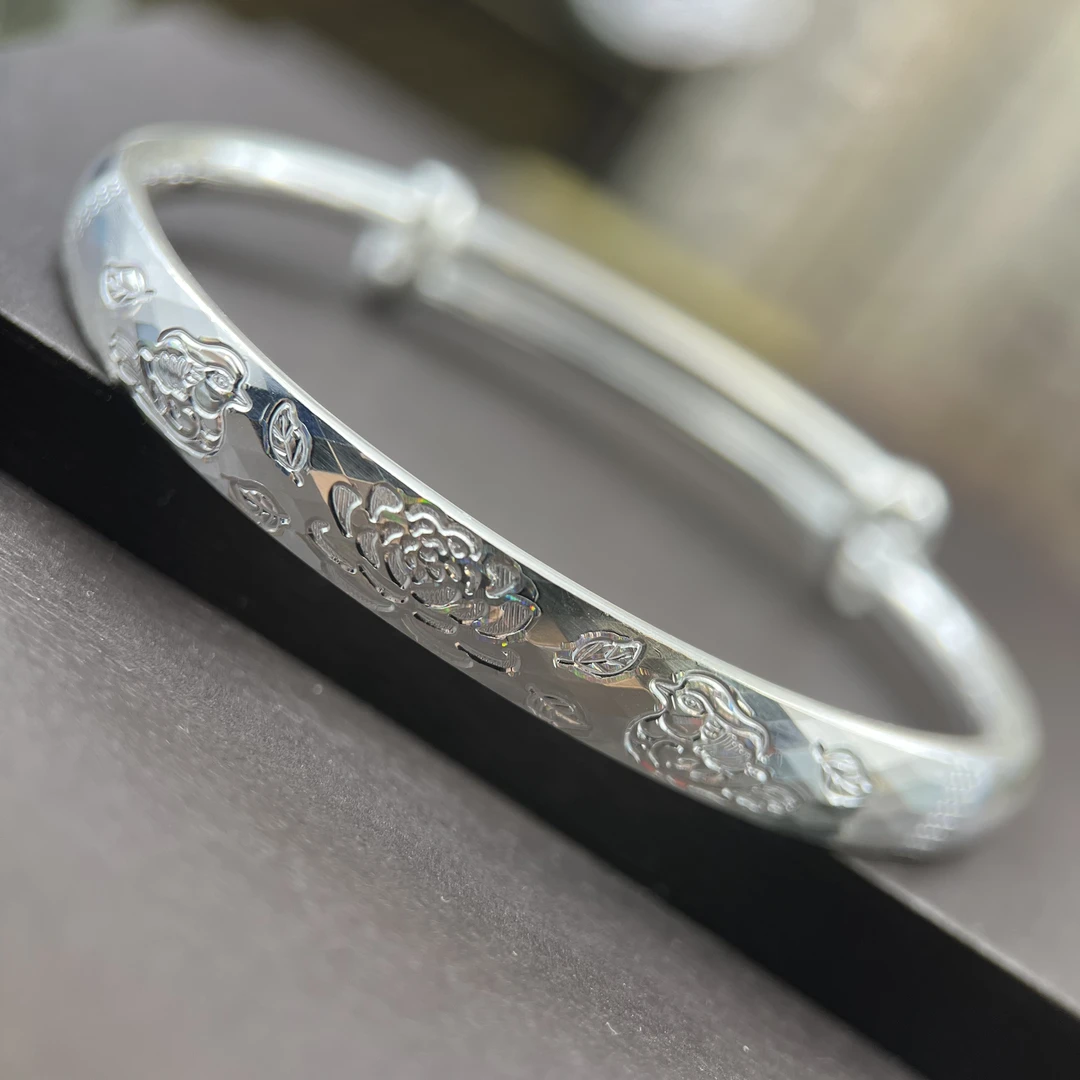 足银手镯 114号足银999.9亮面莲花鸳鸯银手镯推拉送礼物约34克