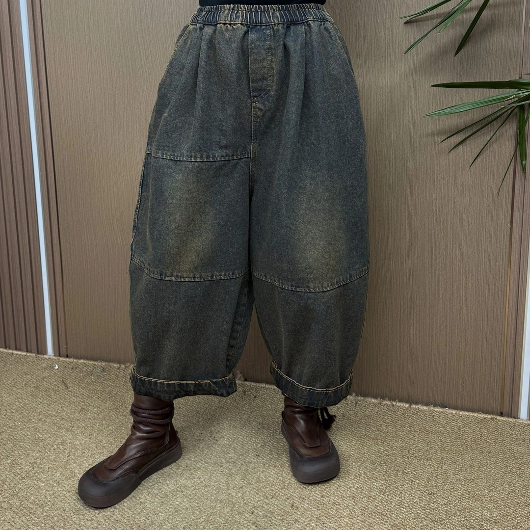 C2828早春深色牛仔裤女炒色时尚宽松牛仔休闲裤百搭83裤长臀围140