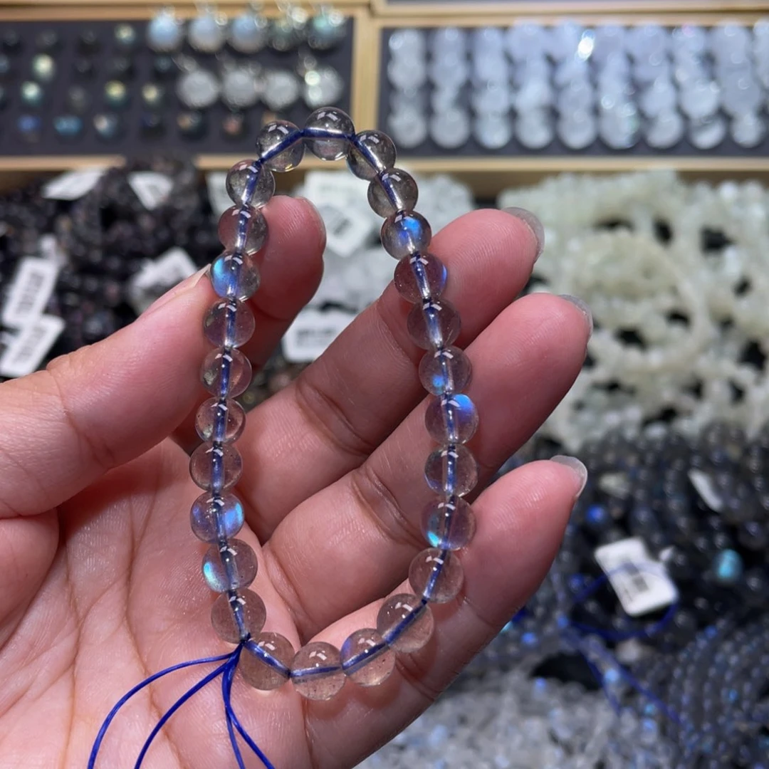 拉长石手链未镶嵌甜*纯蓝光灰月光手链7mm