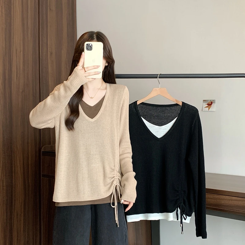 2025新款秋装大码女设计感撞色假两件抽绳针织长袖上衣72041