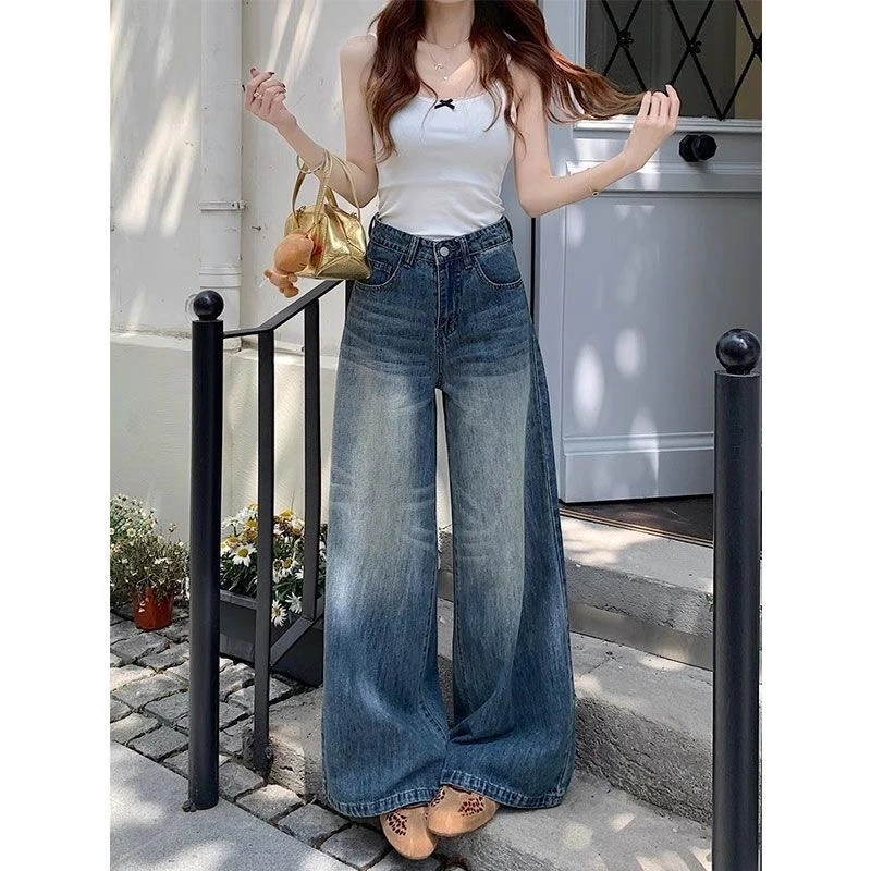 美式水洗流苏阔腿裤ins做旧高腰韩版牛仔裤裤薄款小个子夏季裤子