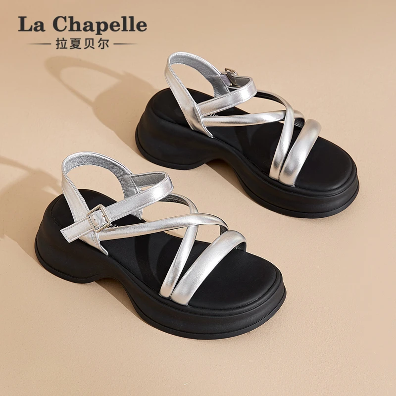 拉夏贝尔银色凉鞋女2025春季新款透气时尚罗马凉拖鞋厚底沙滩鞋子