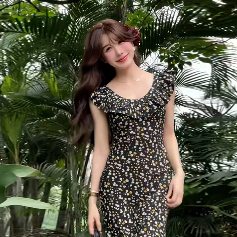 小个子法式无袖连衣裙子夏季女装海边度假蓝色长裙吊带裙2061