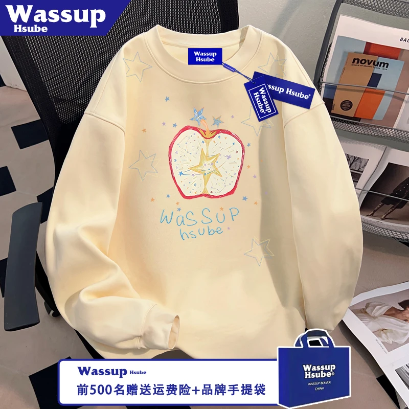 WASSUP HSUBE苹果星星印花T恤秋季杏色上衣100%棉男女同款长袖ins