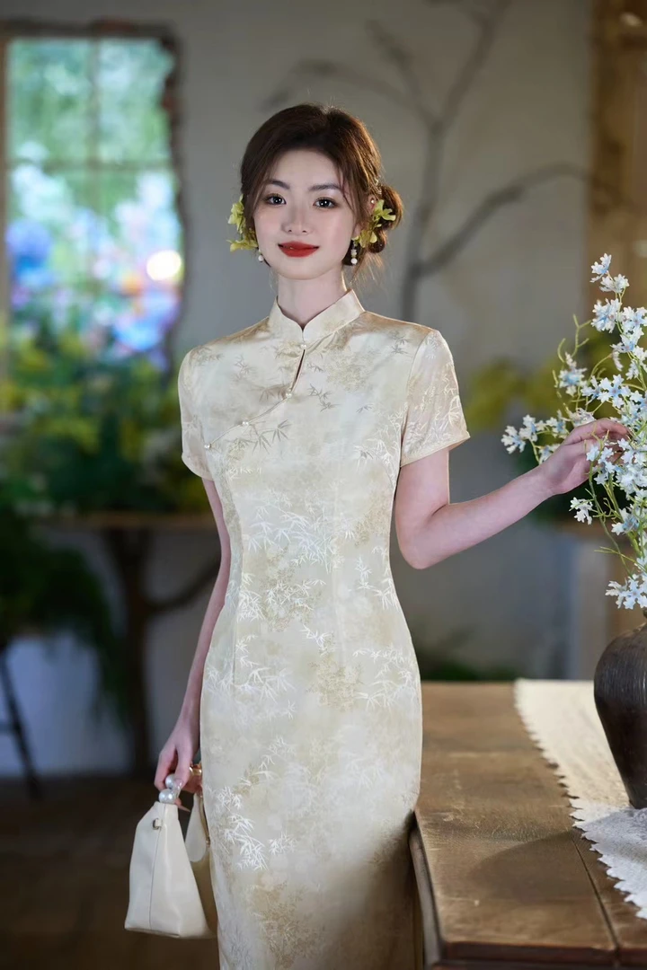 （金榜题名）提花中长裙短款法式旗袍白色双层气质日常复古风礼服