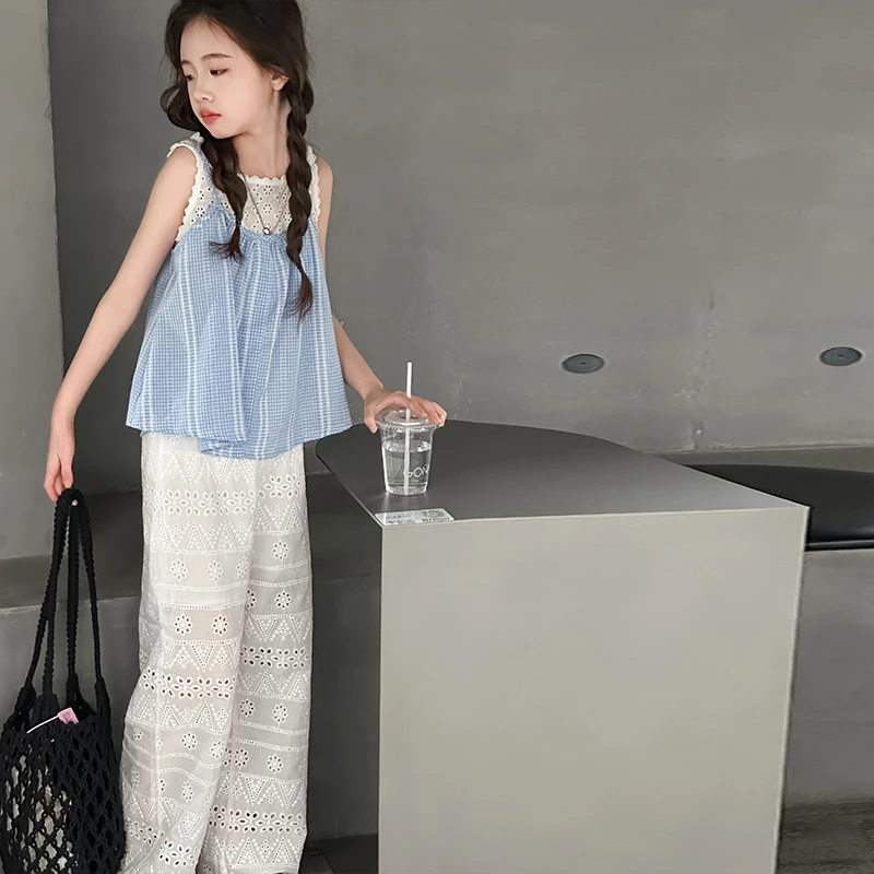 女童套装夏2025新款洋气大童韩系格子背心夏装儿童无袖上衣两件套