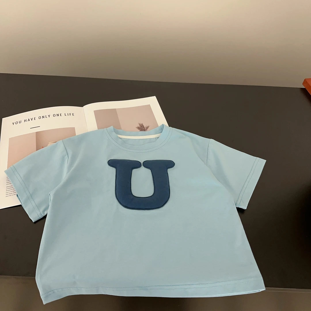 【两个小盆友】2025夏季儿童韩版宽松字母撞色短袖男女童T恤5680