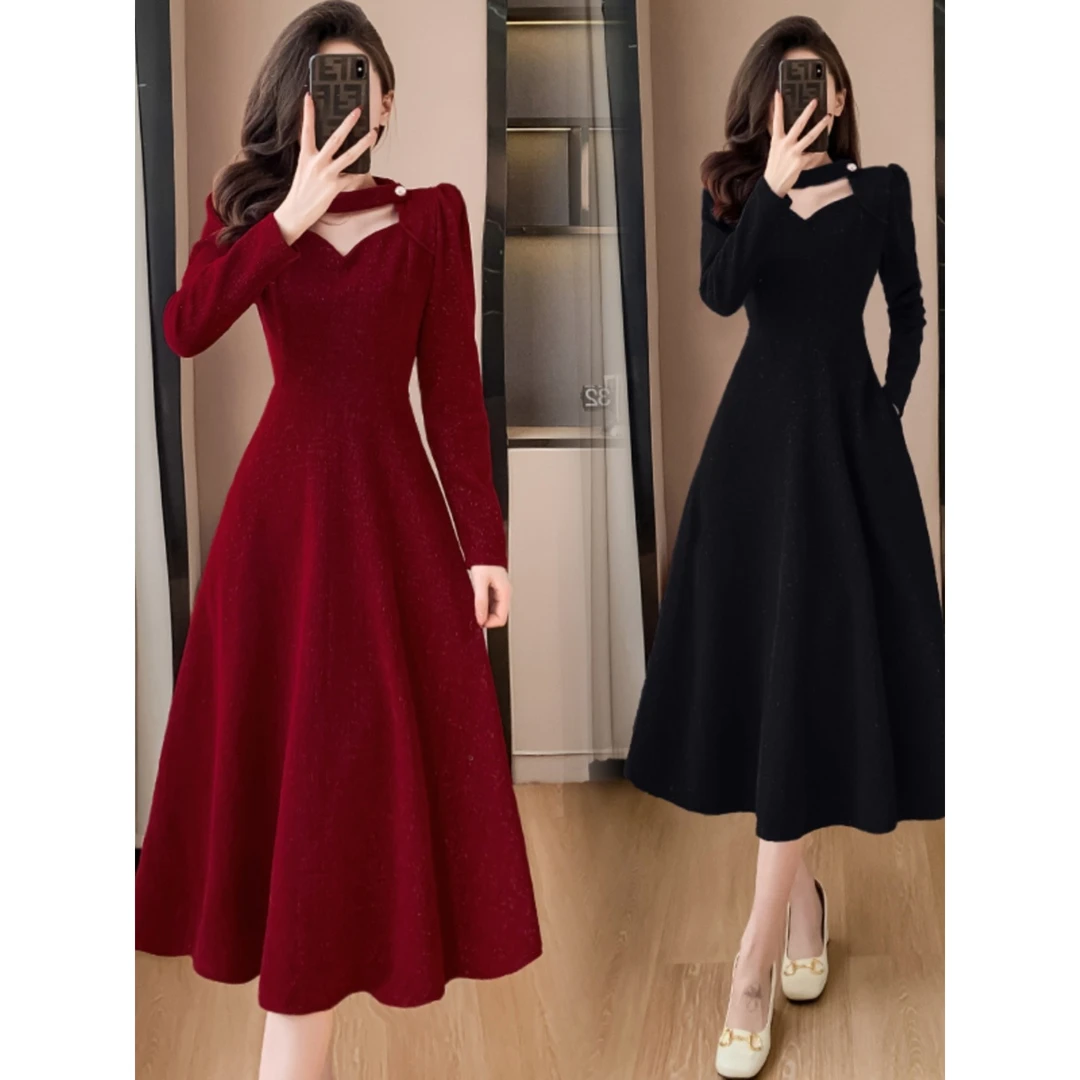 法式高级感雪尼尔连衣裙女2025秋冬大码胖mm气质收腰显瘦打底长裙