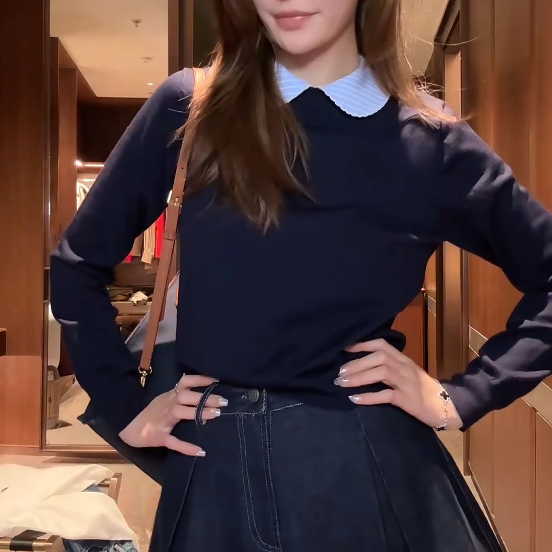 “维尔德”秋冬新款知识分子拼色彼得潘领针织女毛衣LK2506810