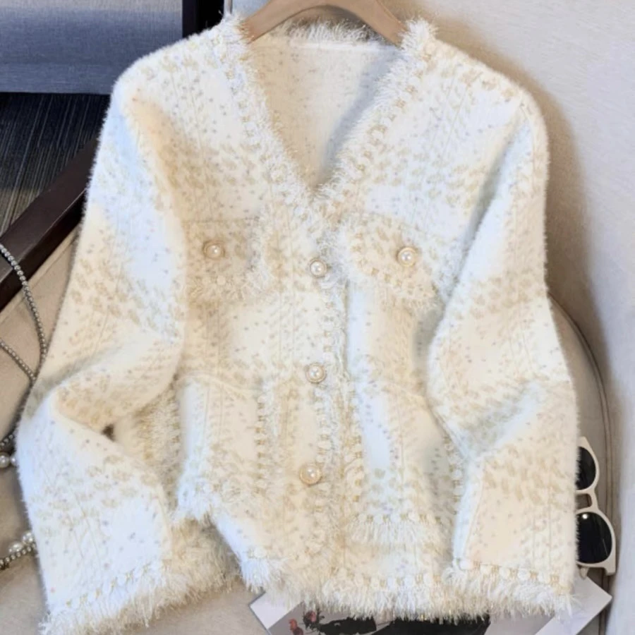 E7506小香风流苏V领针织开衫宽松显瘦气质上衣