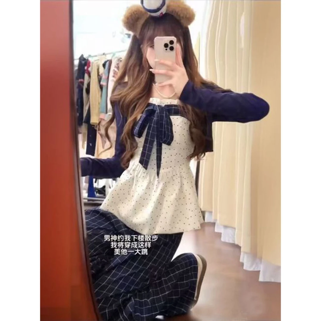 学院风休闲慵懒甜美套装早秋显瘦蝴蝶结吊带秋装女款爆款2025新款