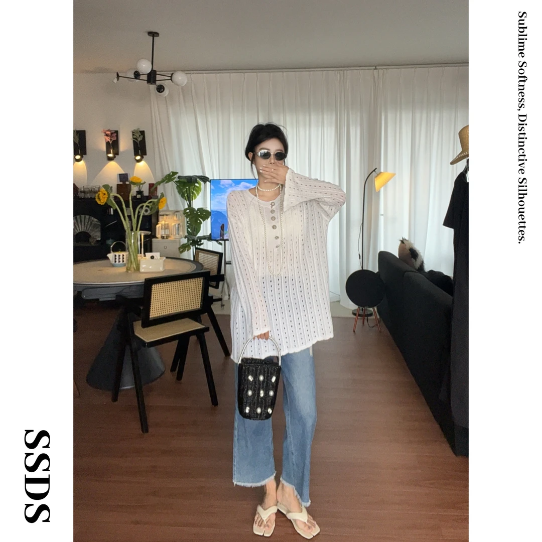 SSDS法式小香风早秋新款天丝镂空针织衫长袖高级感气质时尚通勤