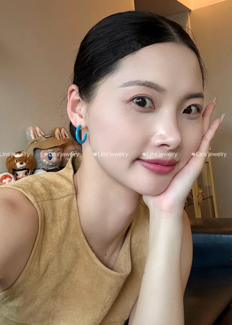 铜合金珐琅耳饰 坦桑尼亚蓝色圆圈耳钉-夏天彩色韩系ins百搭耳钉