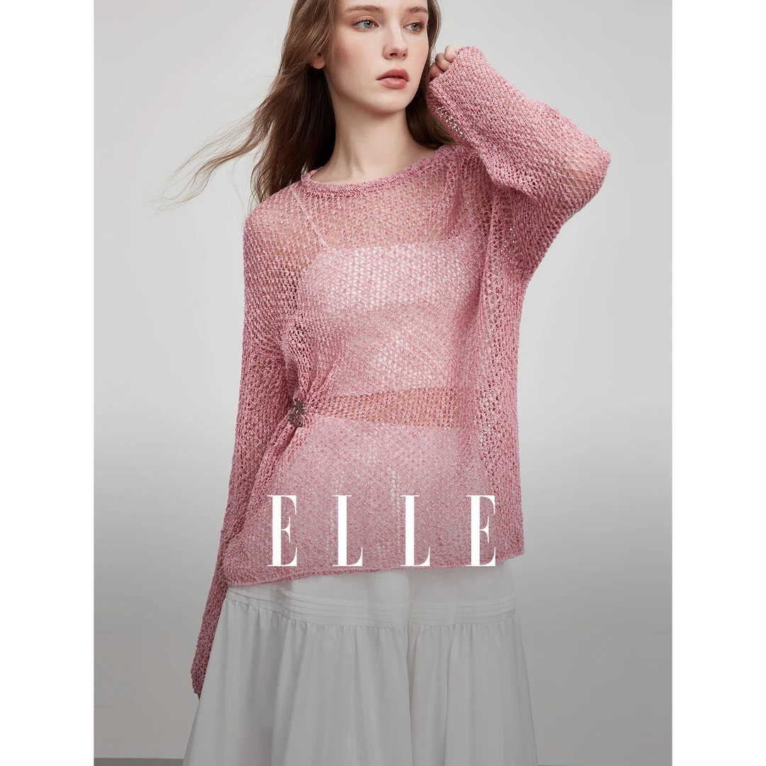ELLE法式慵懒风花纱镂空针织衫女款2025夏季优雅宽松罩衫EZ50681