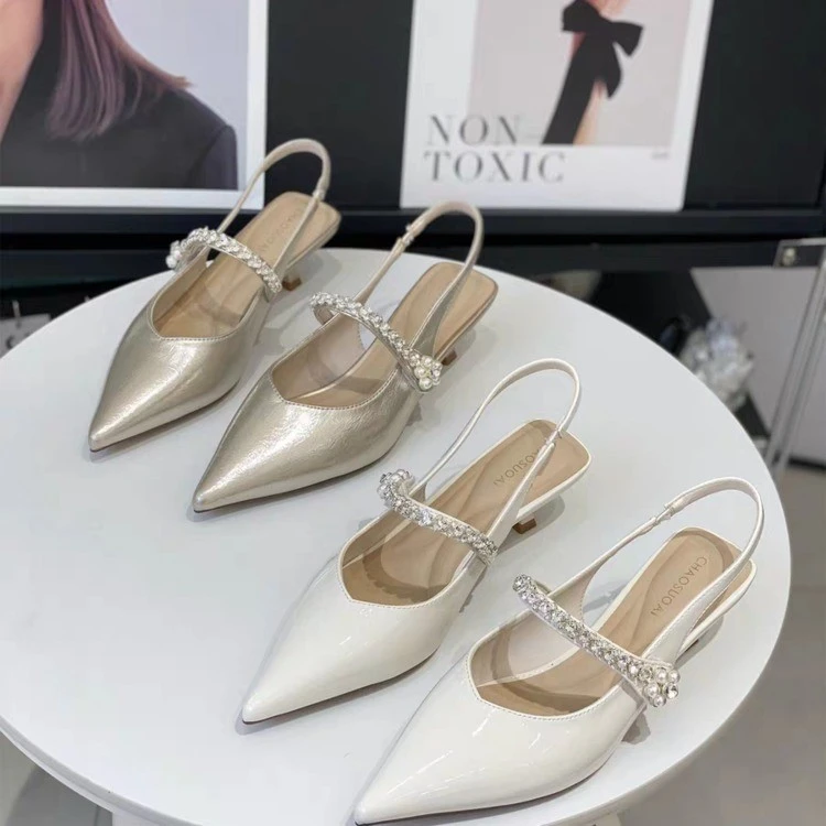 2025夏新款绝美仙女风水钻凉鞋女细跟包头一字带后空高跟鞋女百搭