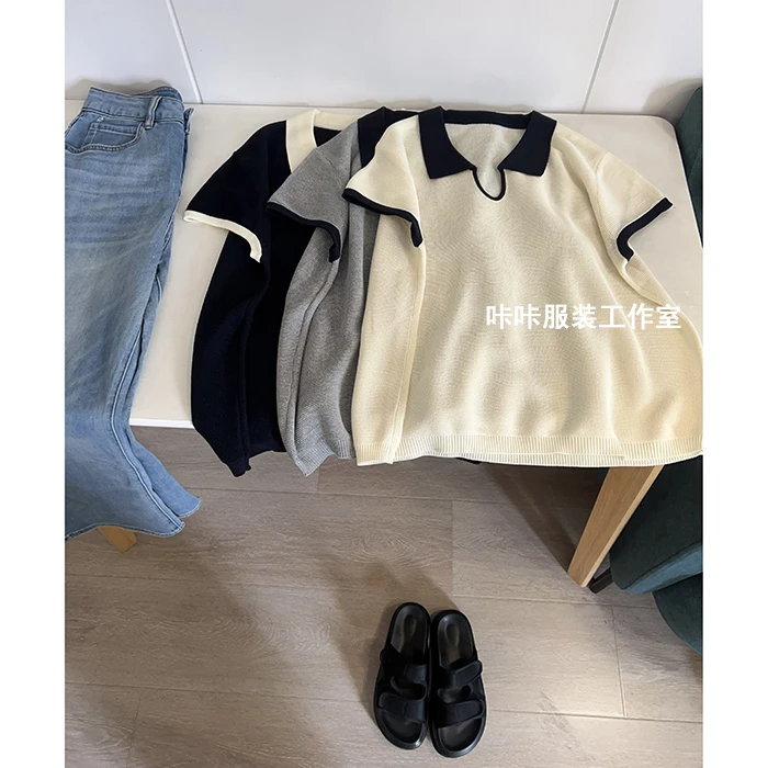 REKAYYAT“书店”莱赛尔天丝亚麻时尚显瘦气质撞色POLO领短袖针织衫