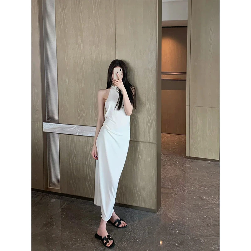 夏季辣妹纯欲休闲百搭时尚洋气炸街高级感白色无袖连衣裙修身长裙