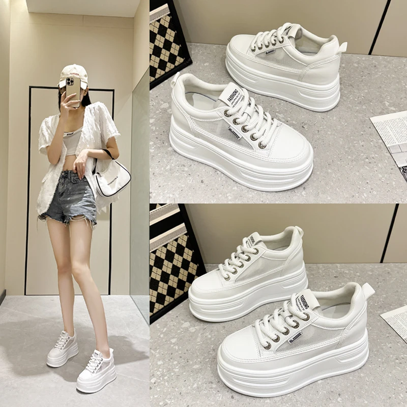 厚底小白鞋 2025年夏季新款网面透气增高松糕休闲板鞋小白鞋