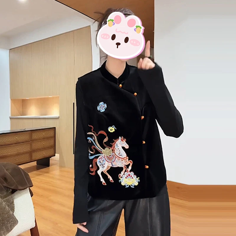 2025冬季新款设计感小马刺绣马甲女新中式国风立领显瘦气质上衣潮