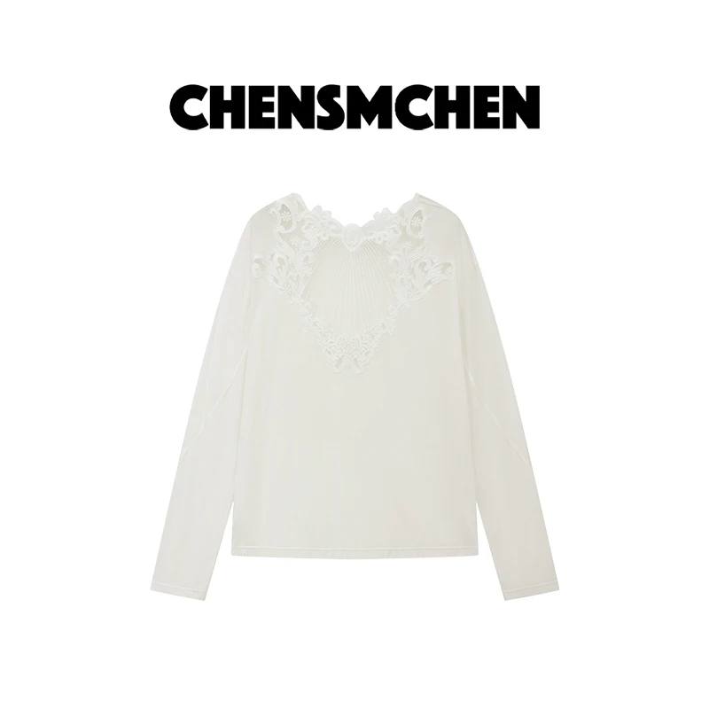 CHENSMCHEN 简约纯色蕾丝拼接衬衫女时尚优雅百搭衬衣CST6092MX
