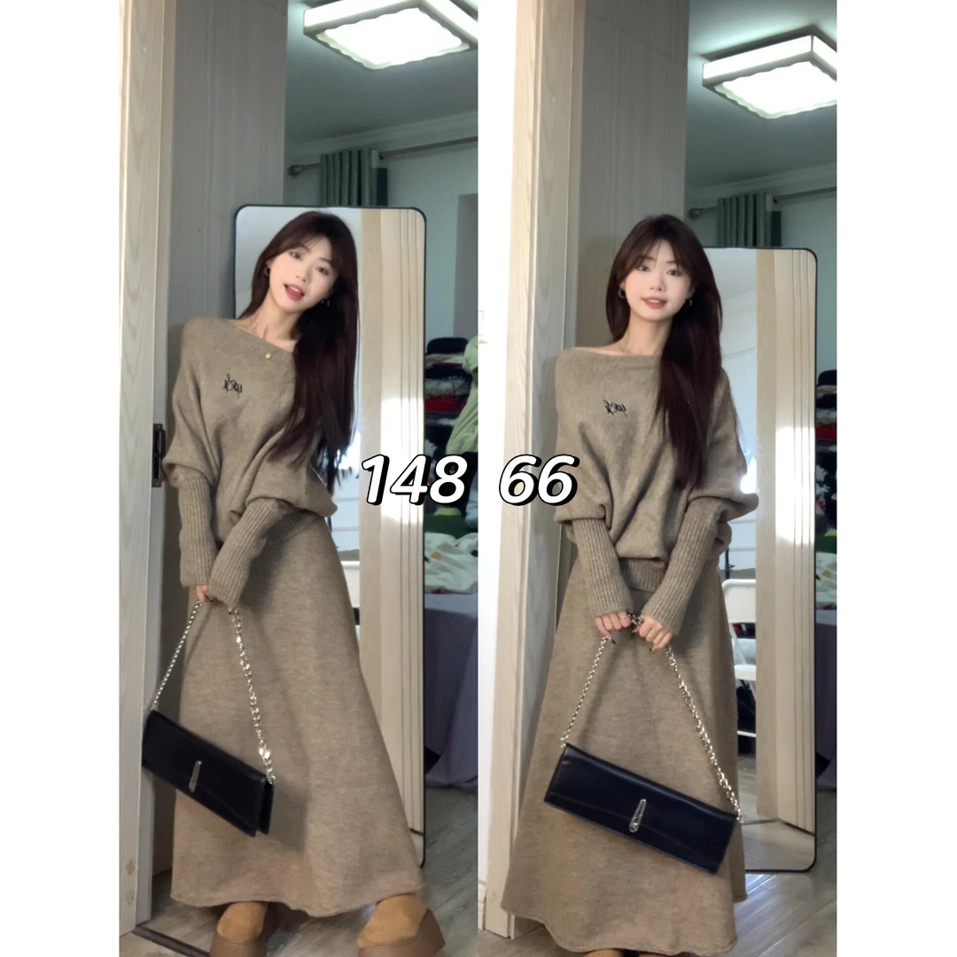 慵懒松弛感温柔两件套装女早春款斜领毛衣学院减龄半身裙子潮ins