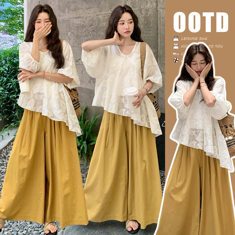 时尚孕妇2025夏季超火新款韩系穿搭不规则绣花斜T+阔腿裙裤套装