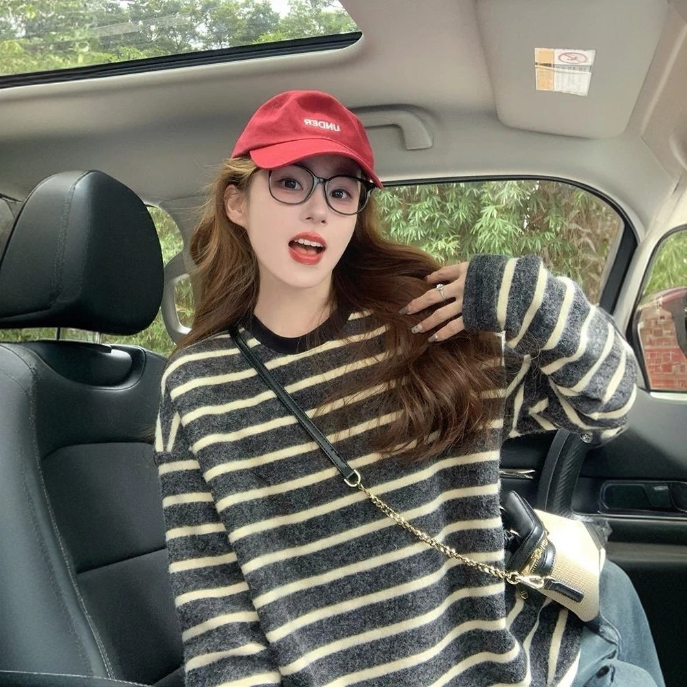 秋冬季撞色条纹长袖t恤女2025新款慵懒风宽松磨毛打底衫圆领上衣