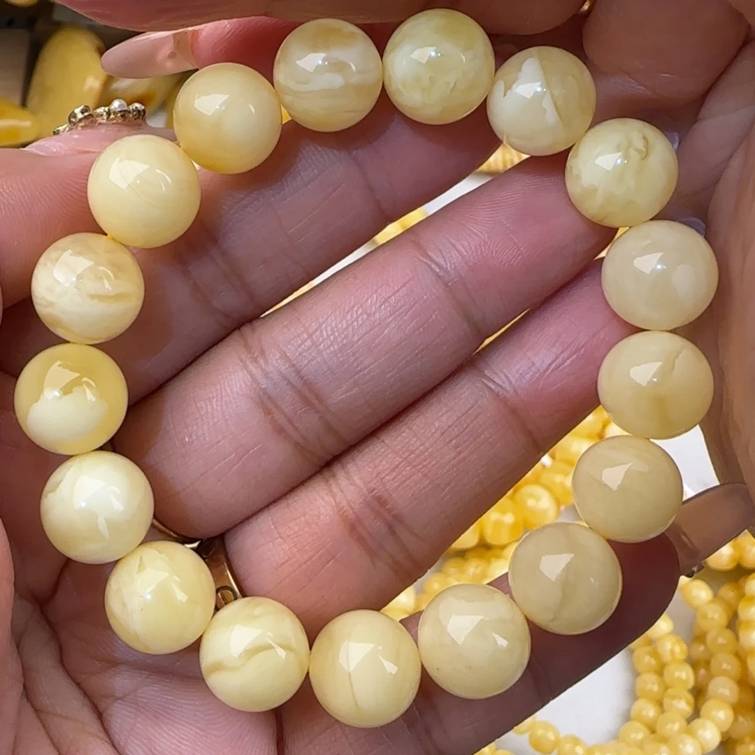 蜜蜡未镶嵌手链白花圆珠手串