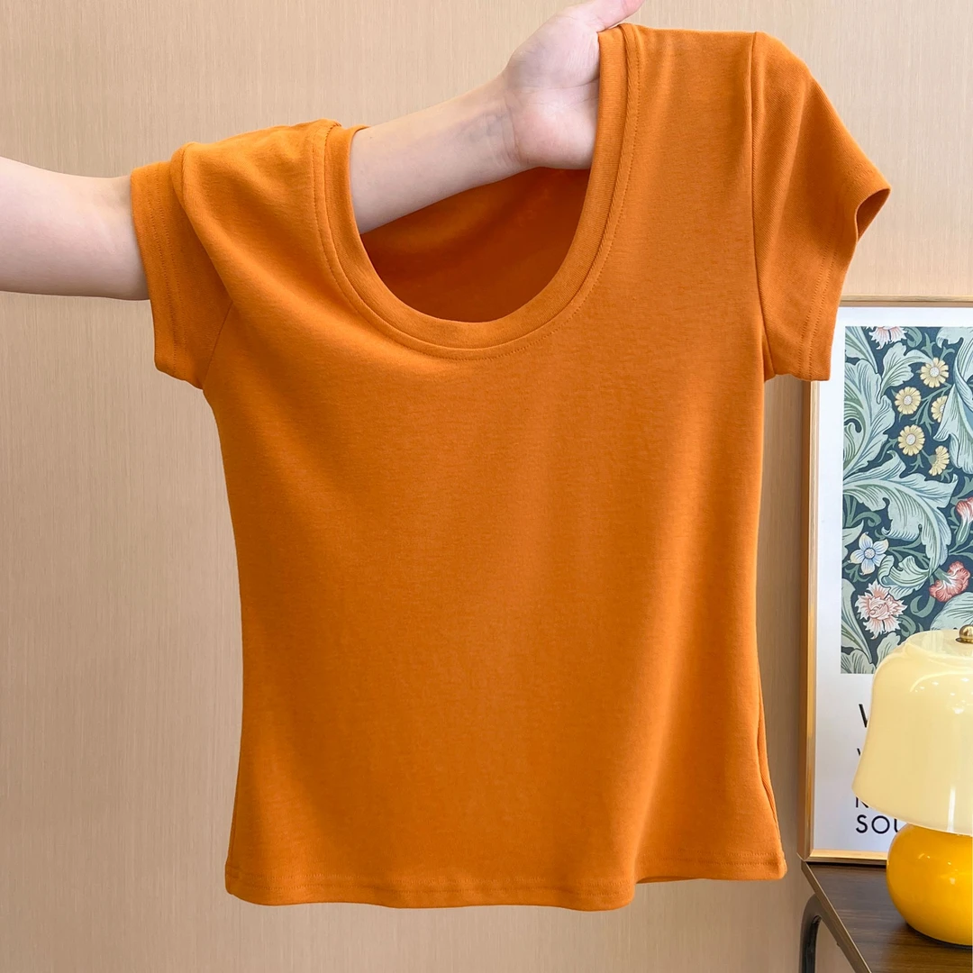 韩系u领正肩短袖T恤女夏季新款慵懒风小众高级感修身显瘦ins上衣